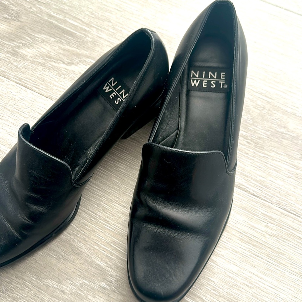 Nine West Black Leather Slip-On Heels
